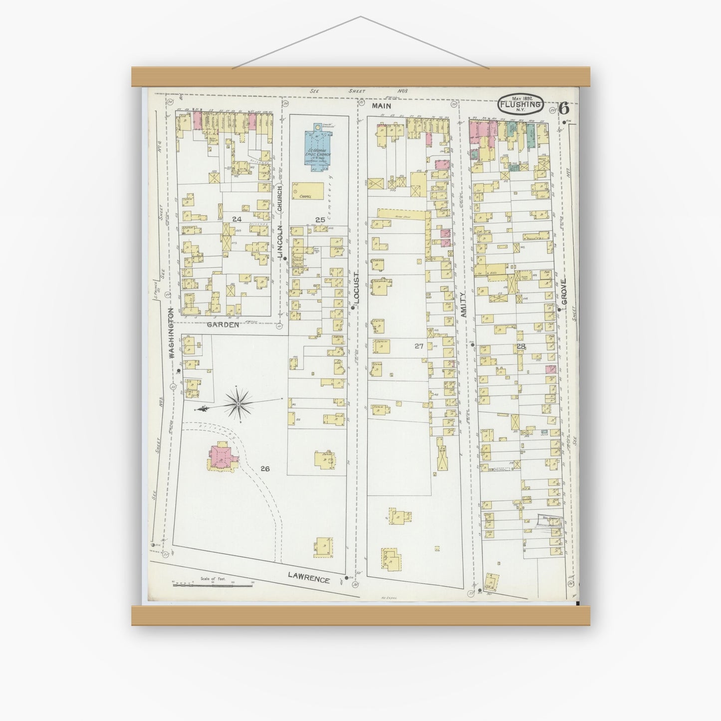 Old map wall art mockup — magnetic wood frame on white wall — Sanborn Fire Insurance Map from Flushing, Queens County, New York (1892), Sheet #0006
