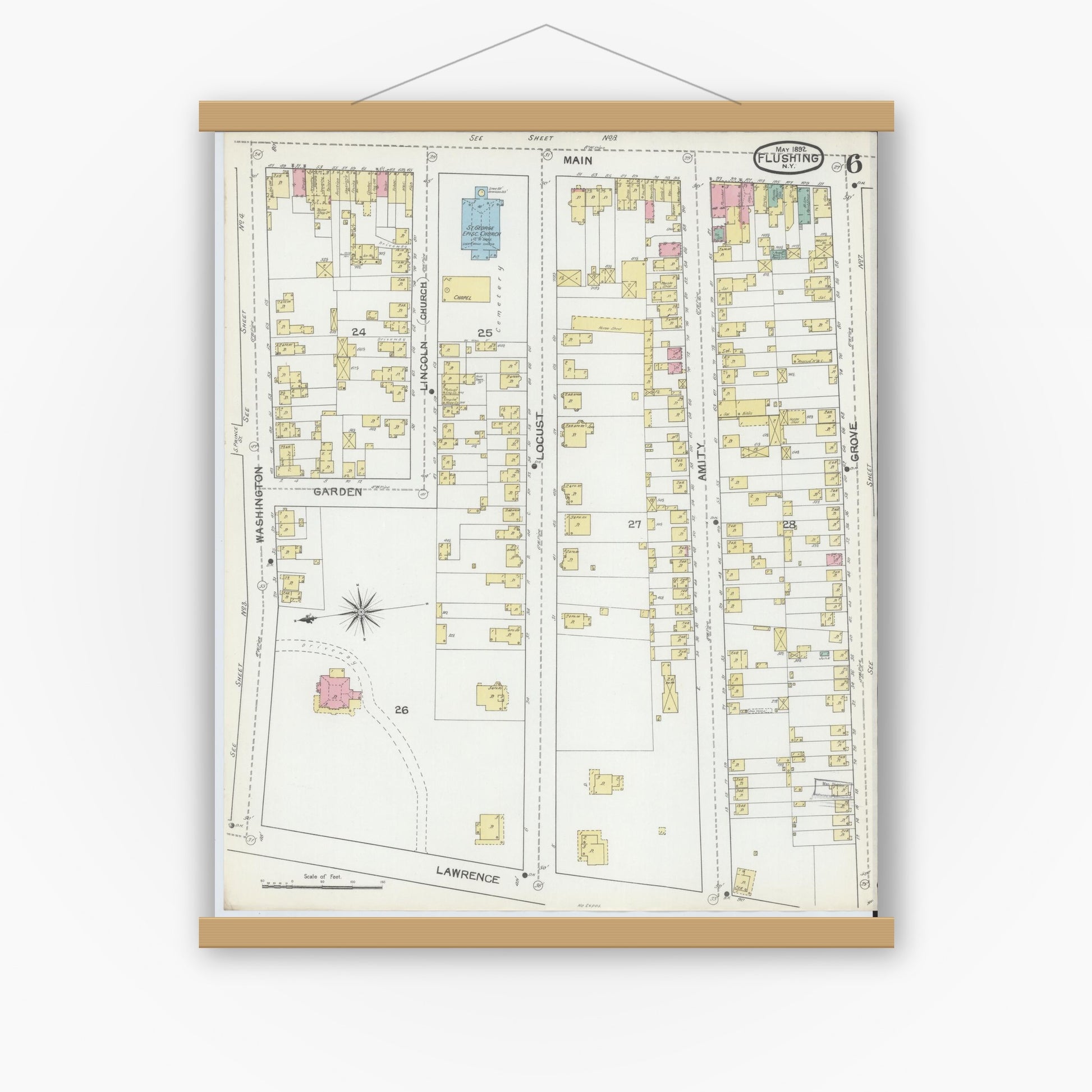Old map wall art mockup — magnetic wood frame on white wall — Sanborn Fire Insurance Map from Flushing, Queens County, New York (1892), Sheet #0006