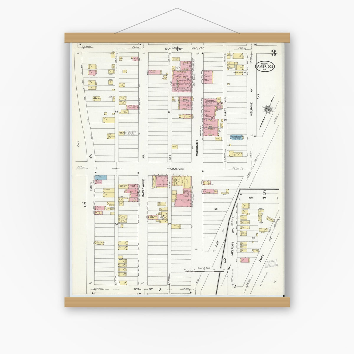 Old map wall art mockup — magnetic wood frame on white wall — Sanborn Fire Insurance Map from Ambridge, Beaver County, Pennsylvania (1911), Sheet #0003