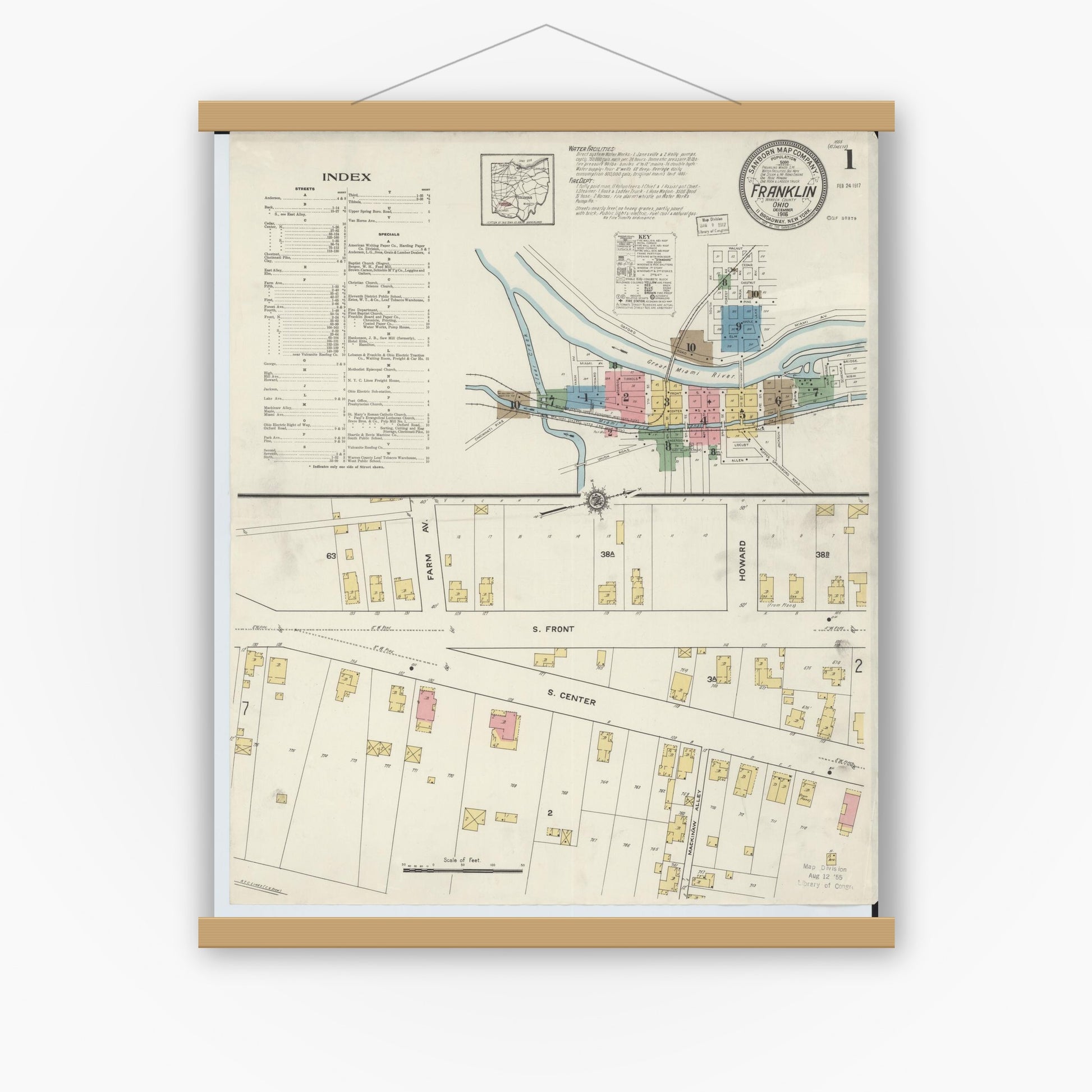 Old map wall art mockup — magnetic wood frame on white wall — Sanborn Fire Insurance Map from Franklin, Warren County, Ohio (1916) - Complete Map Set