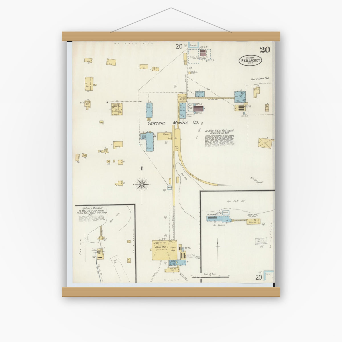 Old map wall art mockup — magnetic wood frame on white wall — Sanborn Fire Insurance Map from Red Jacket, Houghton County, Michigan (1897), Sheet #0020