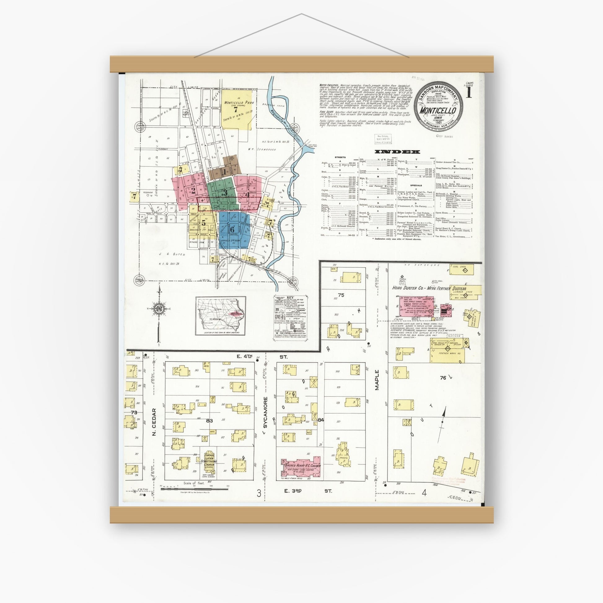 Old map wall art mockup — magnetic wood frame on white wall — Sanborn Fire Insurance Map from Monticello, Jones County, Iowa (1921) â€” Complete Set
