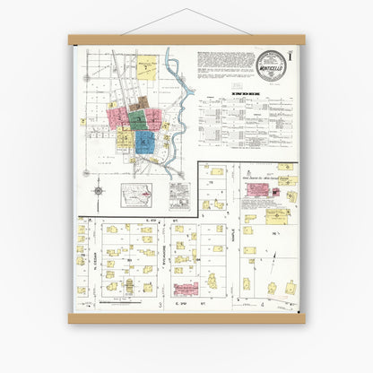 Old map wall art mockup — magnetic wood frame on white wall — Sanborn Fire Insurance Map from Monticello, Jones County, Iowa (1921) â€” Complete Set