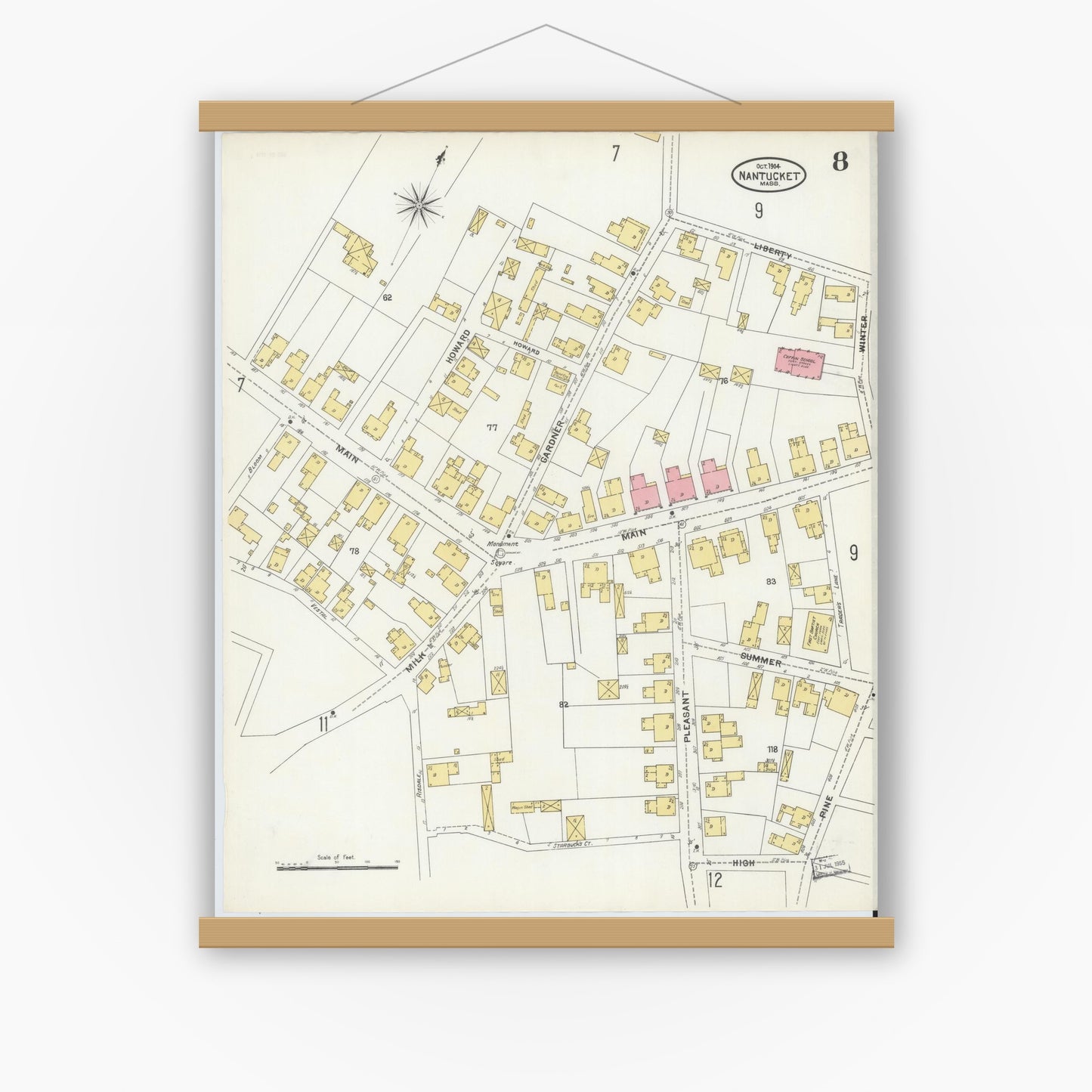 Old map wall art mockup — magnetic wood frame on white wall — Sanborn Fire Insurance Map from Nantucket, Nantucket County, Massachusetts (1904), Sheet #0008