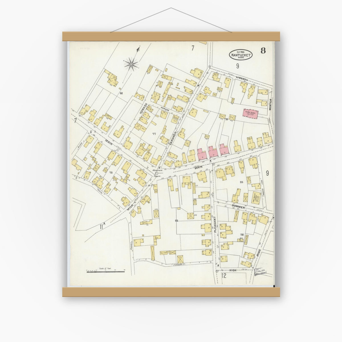Old map wall art mockup — magnetic wood frame on white wall — Sanborn Fire Insurance Map from Nantucket, Nantucket County, Massachusetts (1904), Sheet #0008