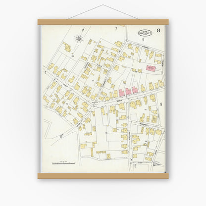 Old map wall art mockup — magnetic wood frame on white wall — Sanborn Fire Insurance Map from Nantucket, Nantucket County, Massachusetts (1904), Sheet #0008