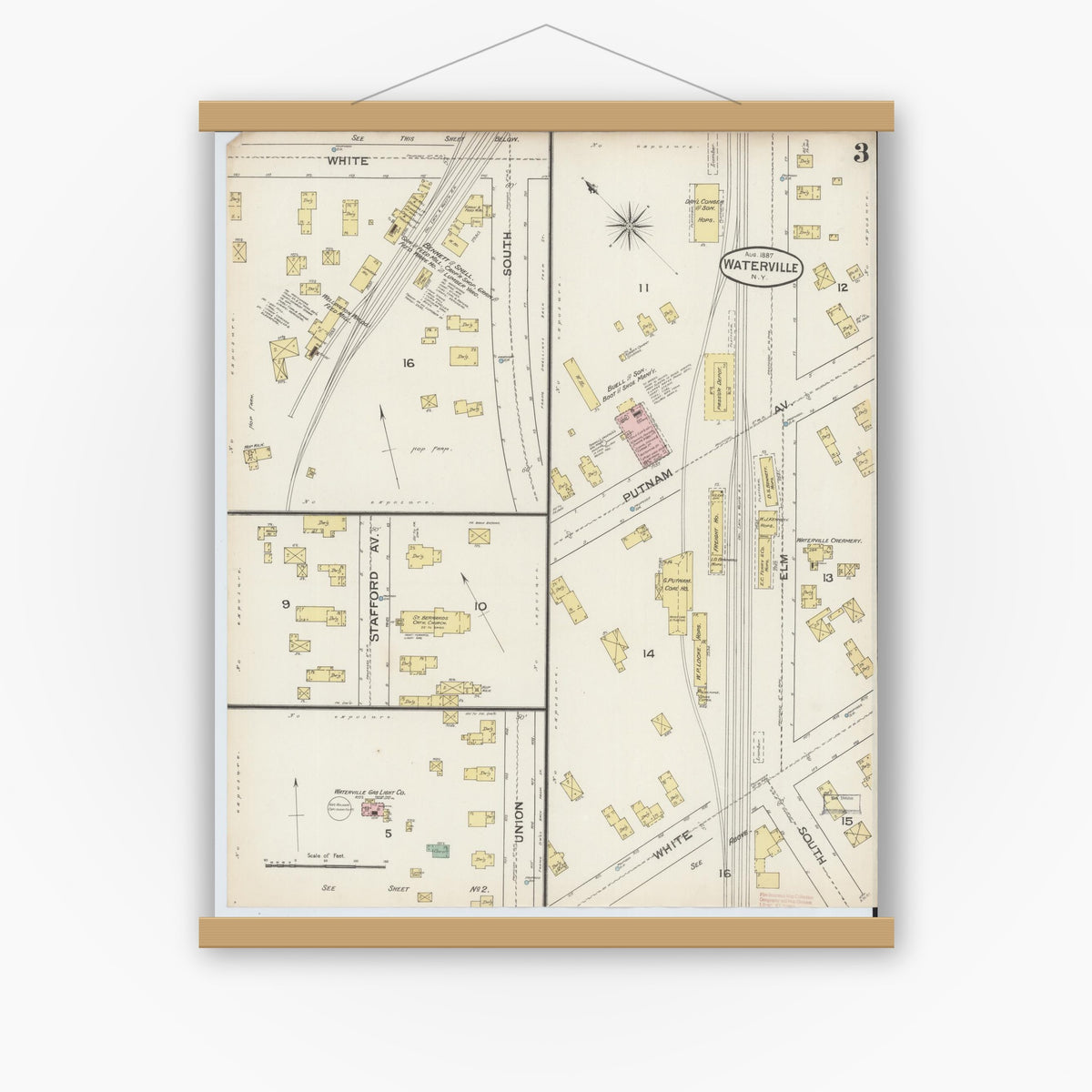 Old map wall art mockup — magnetic wood frame on white wall — Sanborn Fire Insurance Map from Waterville, Oneida County, New York (1887), Sheet #0003