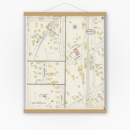 Old map wall art mockup — magnetic wood frame on white wall — Sanborn Fire Insurance Map from Waterville, Oneida County, New York (1887), Sheet #0003