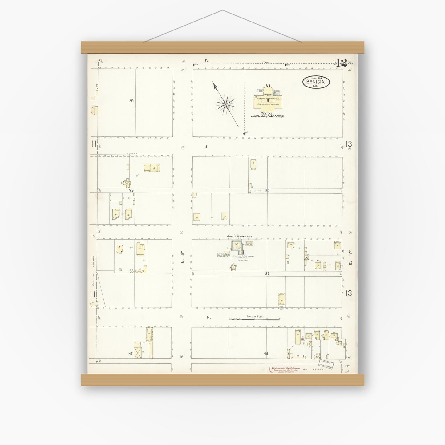 Old map wall art mockup — magnetic wood frame on white wall — Sanborn Fire Insurance Map from Benicia, Solano County, California (1899), Sheet #0012
