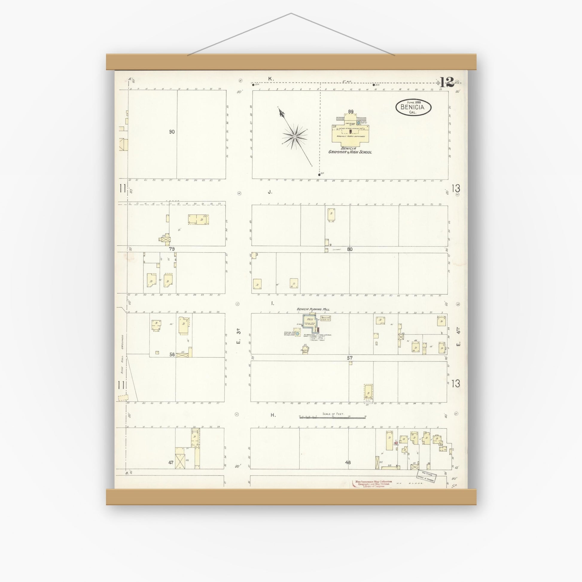 Old map wall art mockup — magnetic wood frame on white wall — Sanborn Fire Insurance Map from Benicia, Solano County, California (1899), Sheet #0012