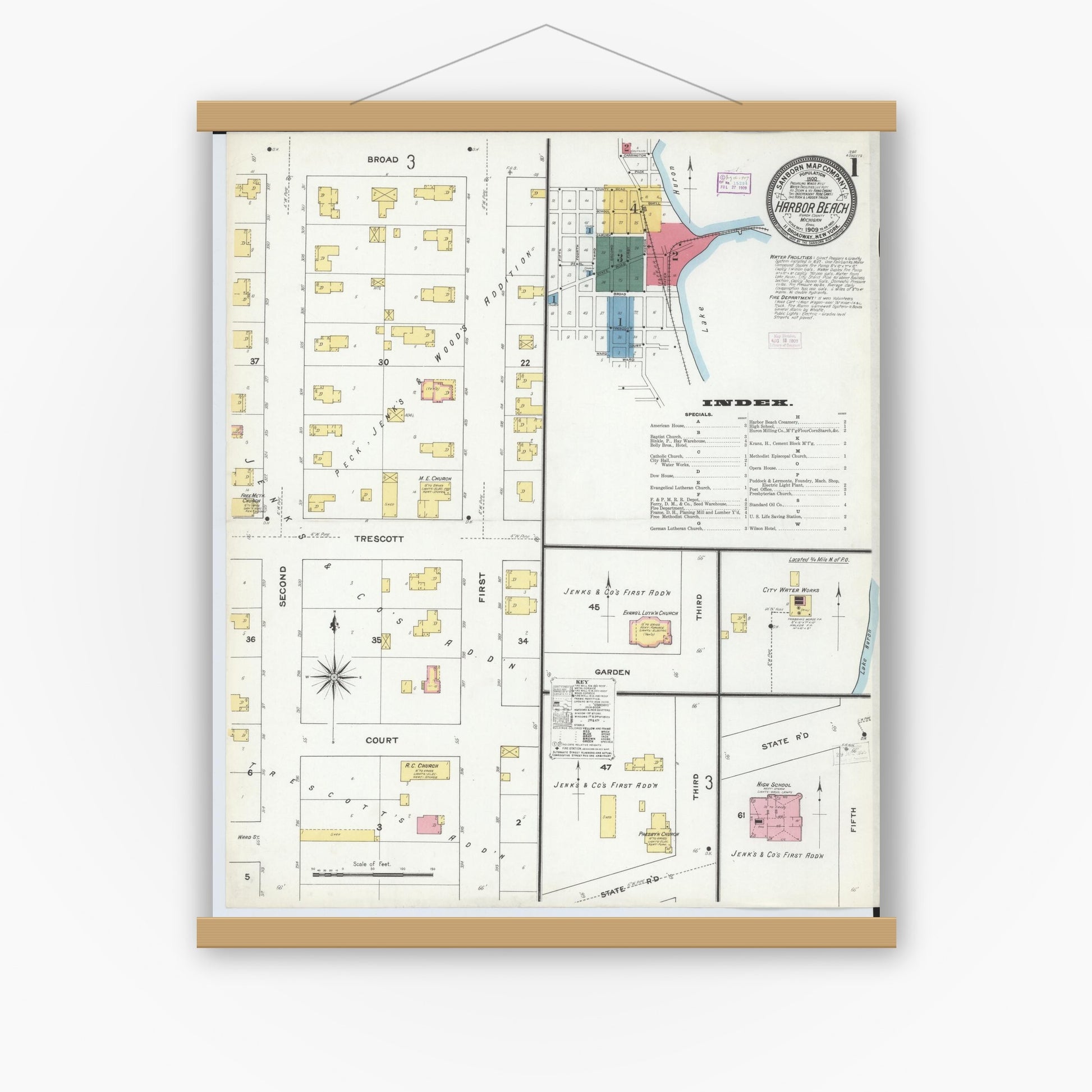 Old map wall art mockup — magnetic wood frame on white wall — Sanborn Fire Insurance Map from Harbor Beach, Huron County, Michigan (1909) - Complete Map Set