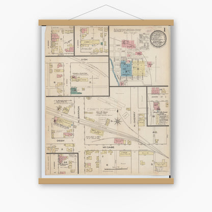 Old map wall art mockup — magnetic wood frame on white wall — Sanborn Fire Insurance Map from Eaton, Preble County, Ohio (1885), Sheet #0001
