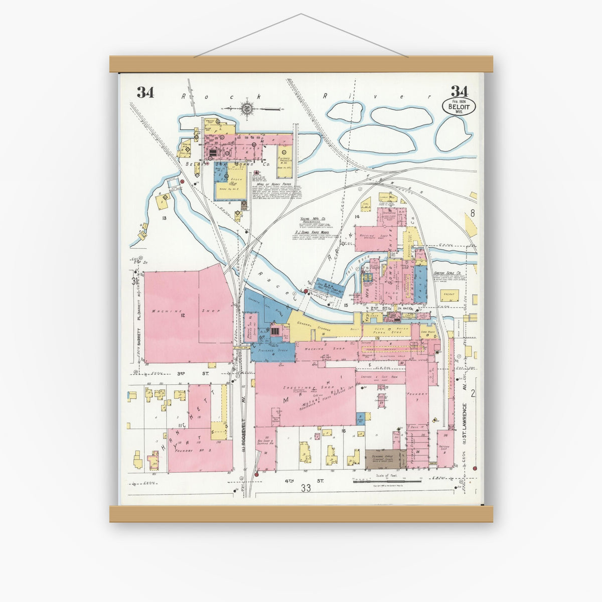 Old map wall art mockup — magnetic wood frame on white wall — Sanborn Fire Insurance Map from Beloit, Rock County, Wisconsin (1926), Sheet #0034