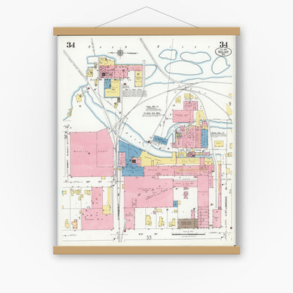 Old map wall art mockup — magnetic wood frame on white wall — Sanborn Fire Insurance Map from Beloit, Rock County, Wisconsin (1926), Sheet #0034
