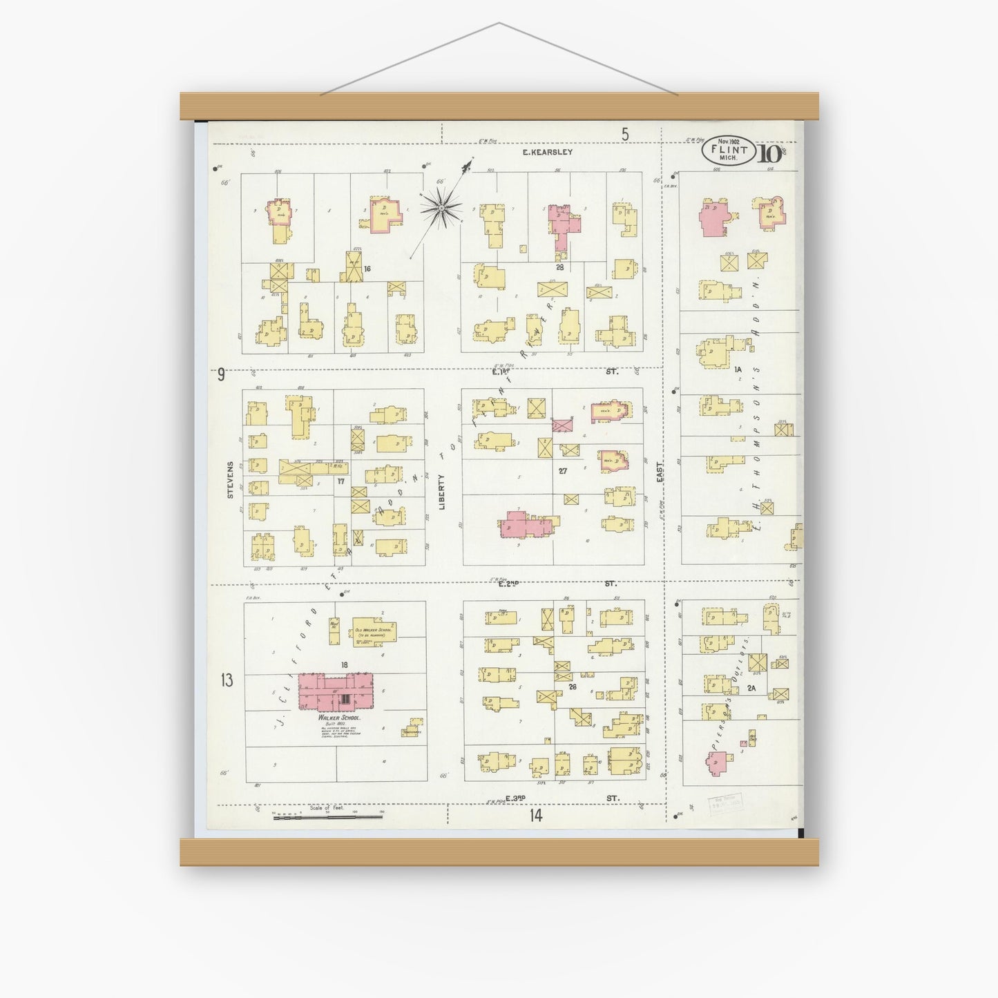 Old map wall art mockup — magnetic wood frame on white wall — Sanborn Fire Insurance Map from Flint, Genesee County, Michigan (1902), Sheet #0010