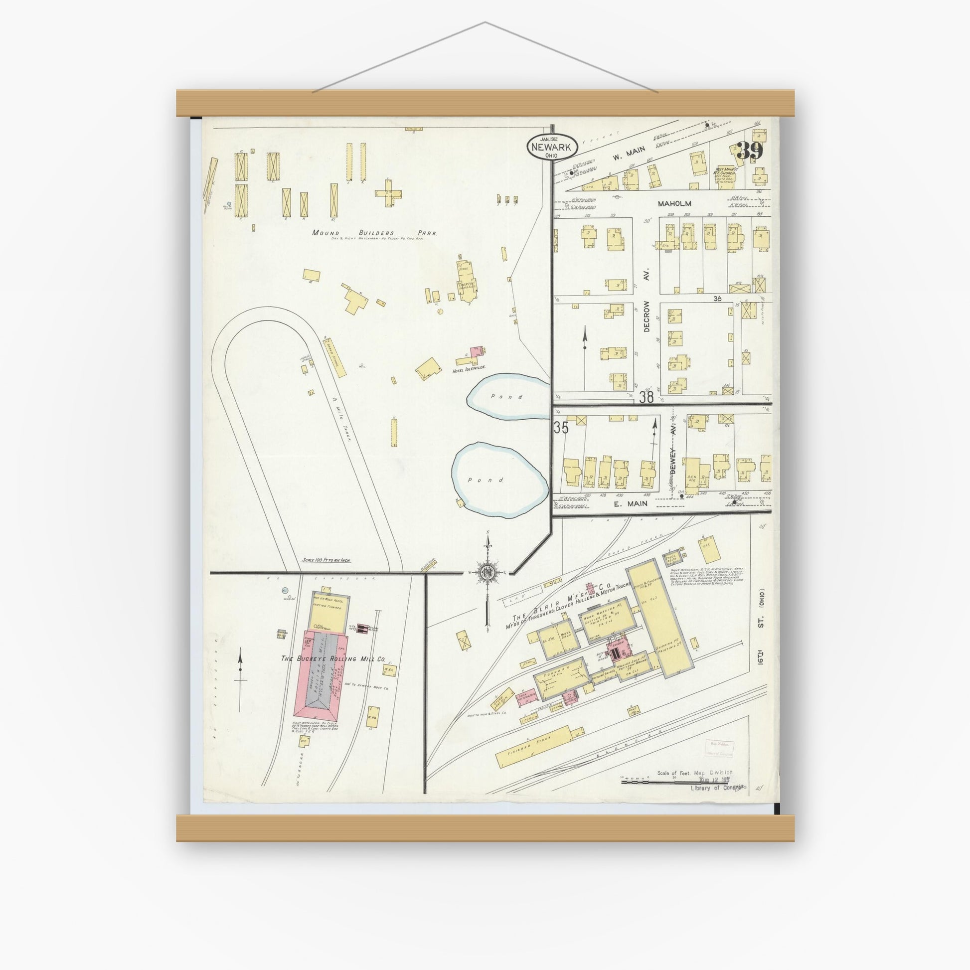 Old map wall art mockup — magnetic wood frame on white wall — Sanborn Fire Insurance Map from Newark, Licking County, Ohio (1912), Sheet #0039