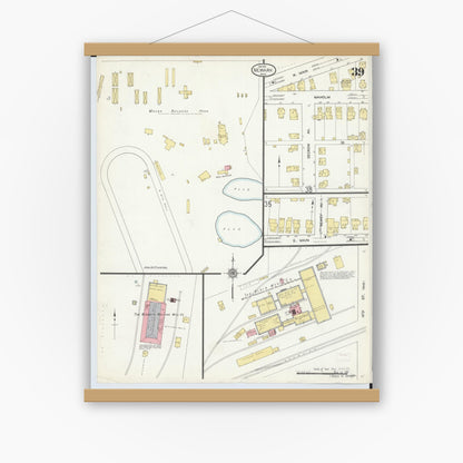 Old map wall art mockup — magnetic wood frame on white wall — Sanborn Fire Insurance Map from Newark, Licking County, Ohio (1912), Sheet #0039