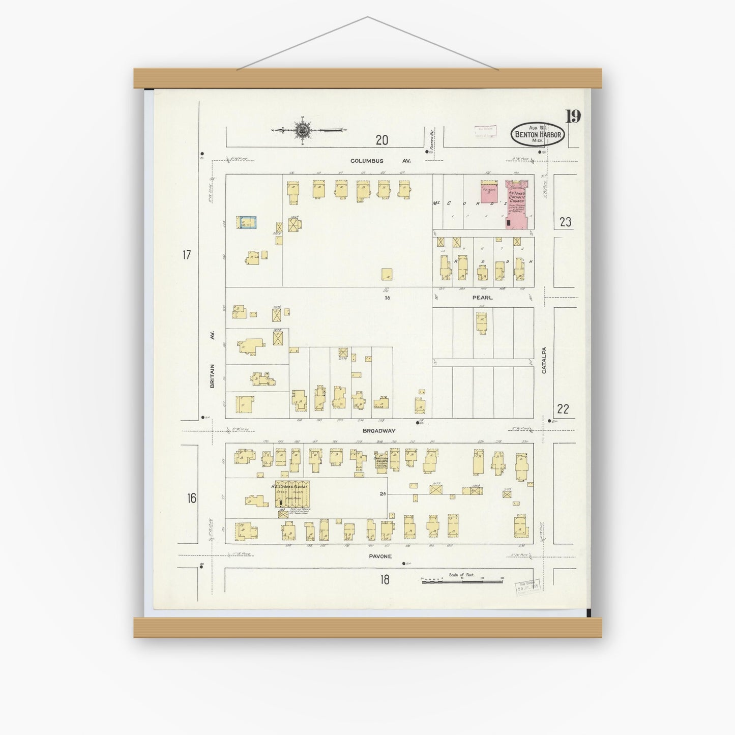 Old map wall art mockup — magnetic wood frame on white wall — Sanborn Fire Insurance Map from Benton Harbor, Berrien County, Michigan (1911), Sheet #0019