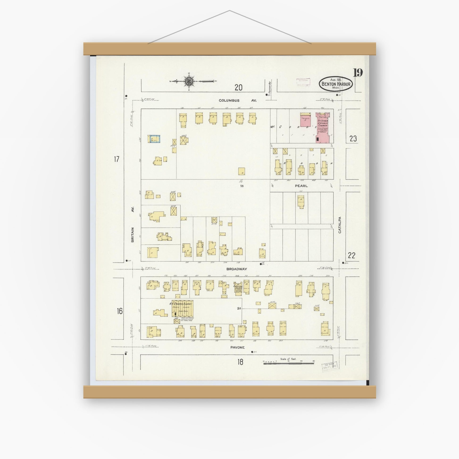 Old map wall art mockup — magnetic wood frame on white wall — Sanborn Fire Insurance Map from Benton Harbor, Berrien County, Michigan (1911), Sheet #0019