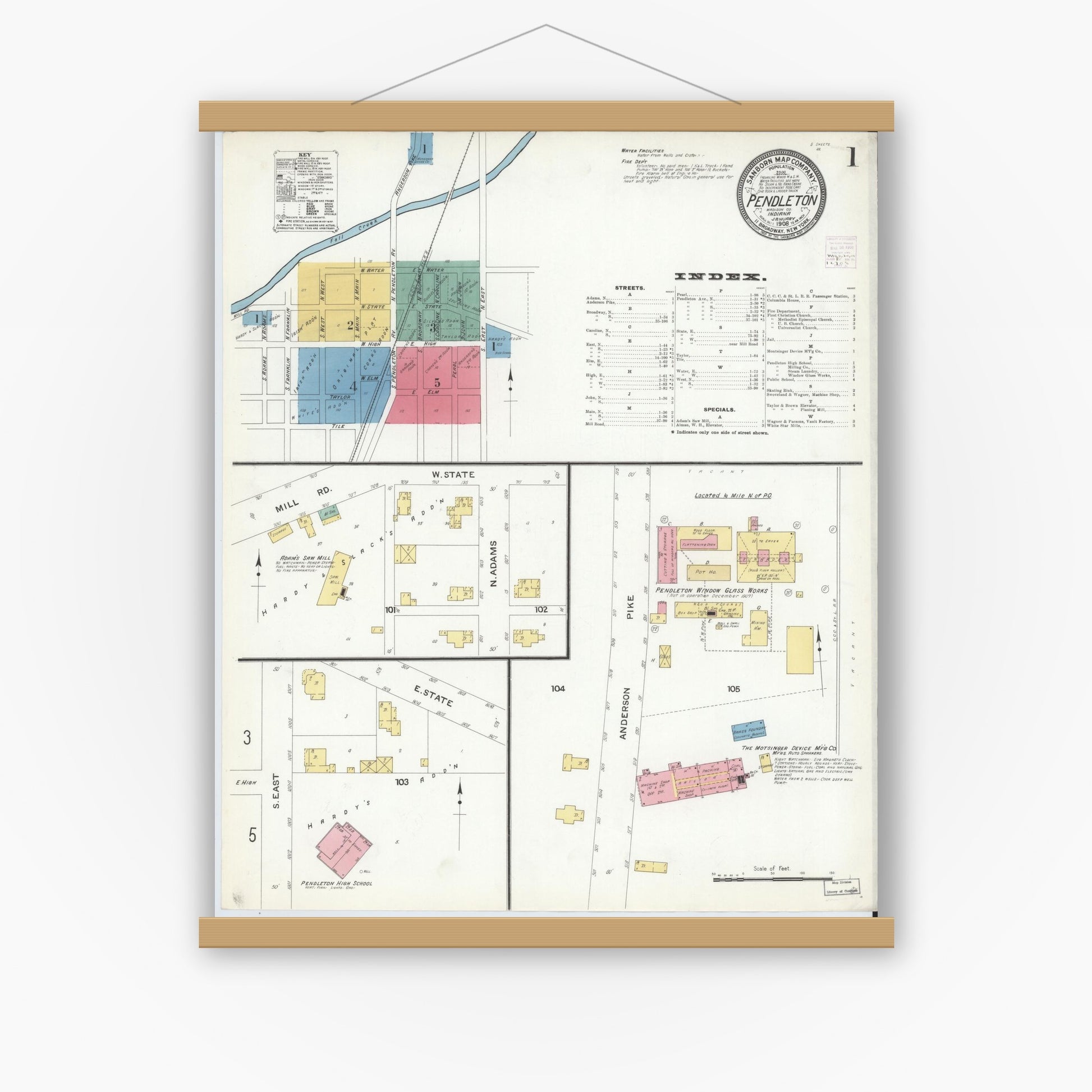 Old map wall art mockup — magnetic wood frame on white wall — Sanborn Fire Insurance Map from Pendleton, Madison County, Indiana (1908), Sheet #0001
