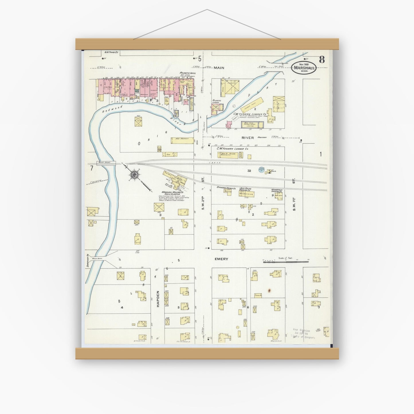 Old map wall art mockup — magnetic wood frame on white wall — Sanborn Fire Insurance Map from Marshall, Lyon County, Minnesota (1909), Sheet #0008