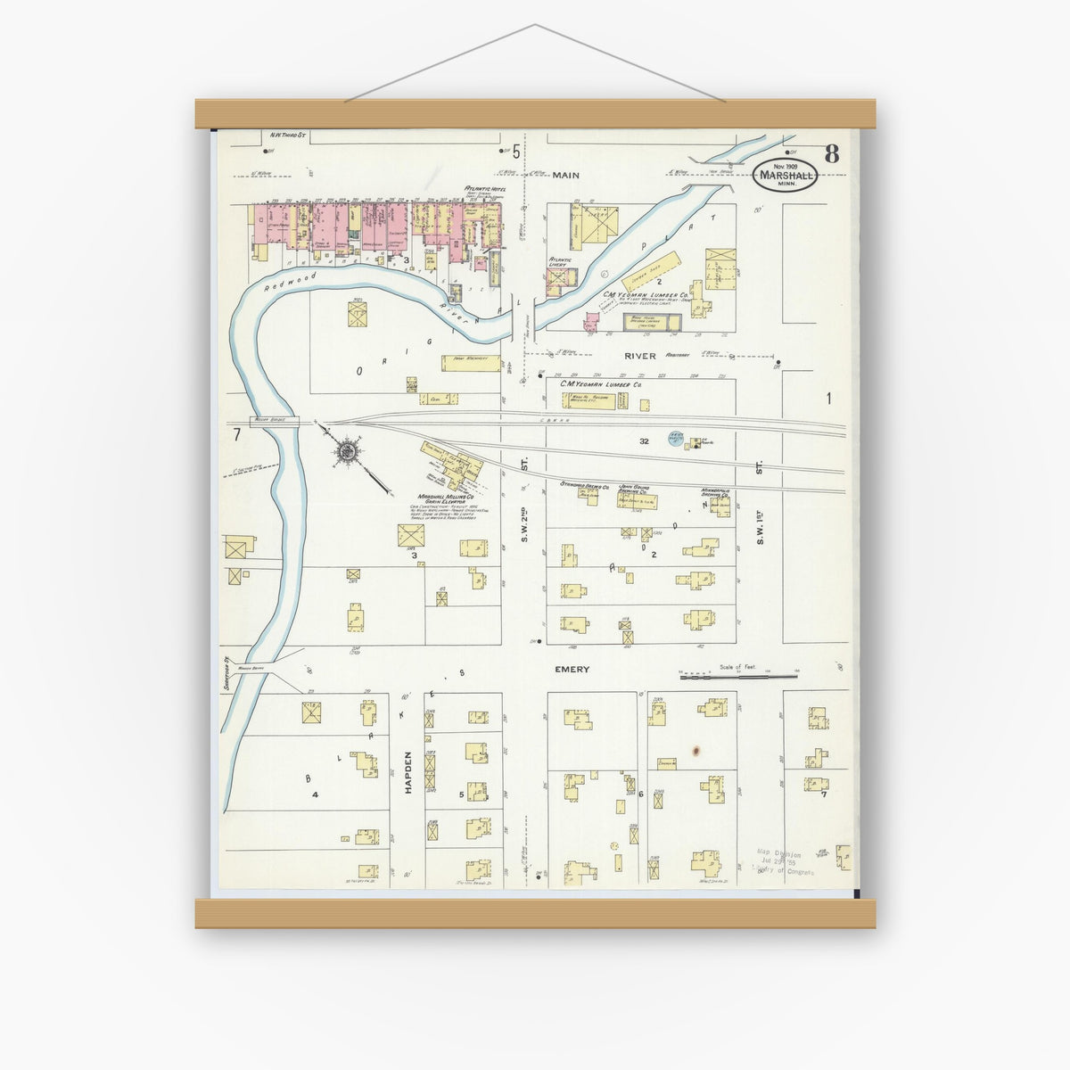 Old map wall art mockup — magnetic wood frame on white wall — Sanborn Fire Insurance Map from Marshall, Lyon County, Minnesota (1909), Sheet #0008