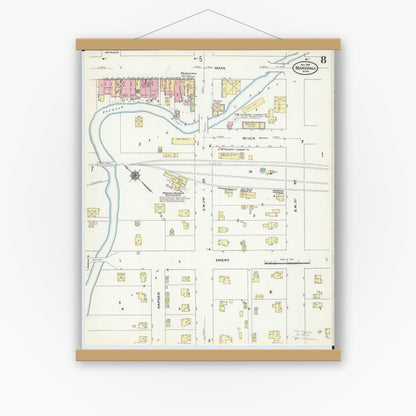 Old map wall art mockup — magnetic wood frame on white wall — Sanborn Fire Insurance Map from Marshall, Lyon County, Minnesota (1909), Sheet #0008