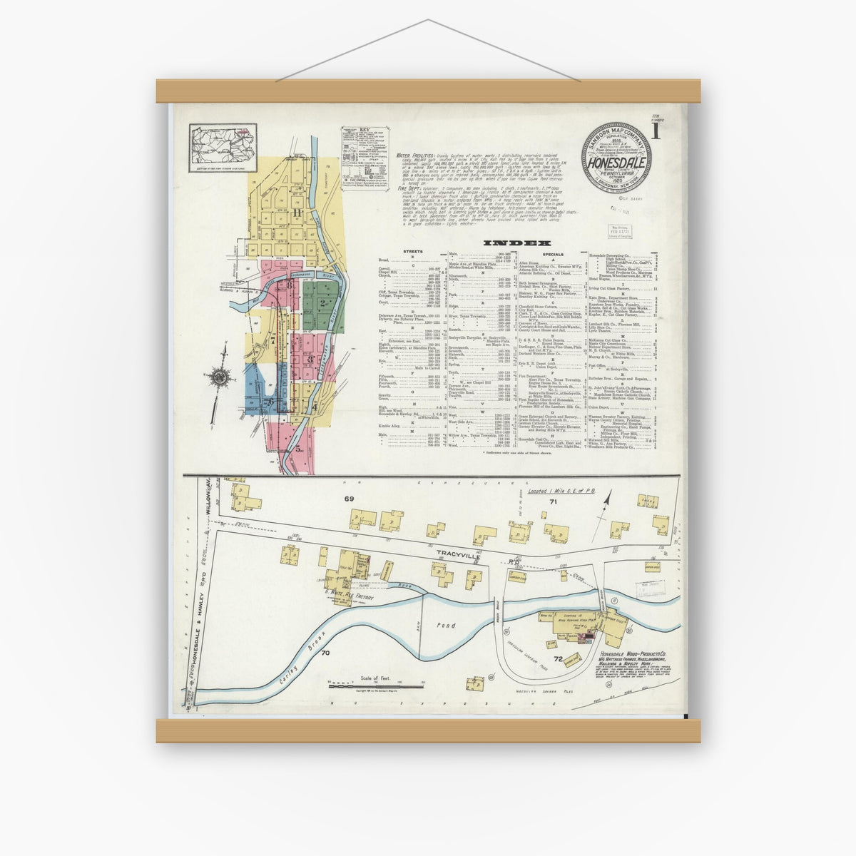 Old map wall art mockup — magnetic wood frame on white wall — Sanborn Fire Insurance Map from Honesdale, Wayne County, Pennsylvania (1920) - Complete Map Set