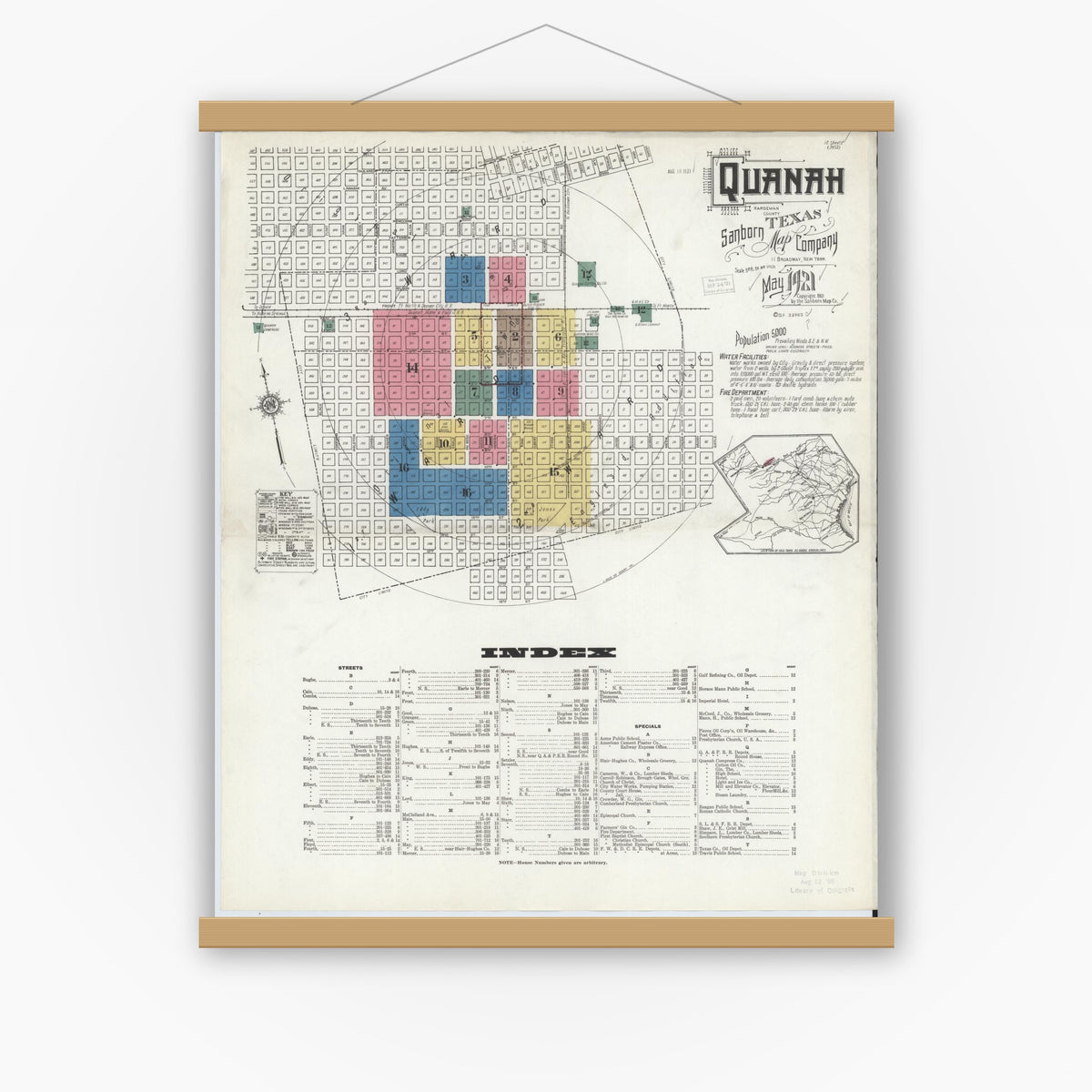 Old map wall art mockup — magnetic wood frame on white wall — Sanborn Fire Insurance Map from Quanah, Hardeman County, Texas (1921) - Complete Map Set