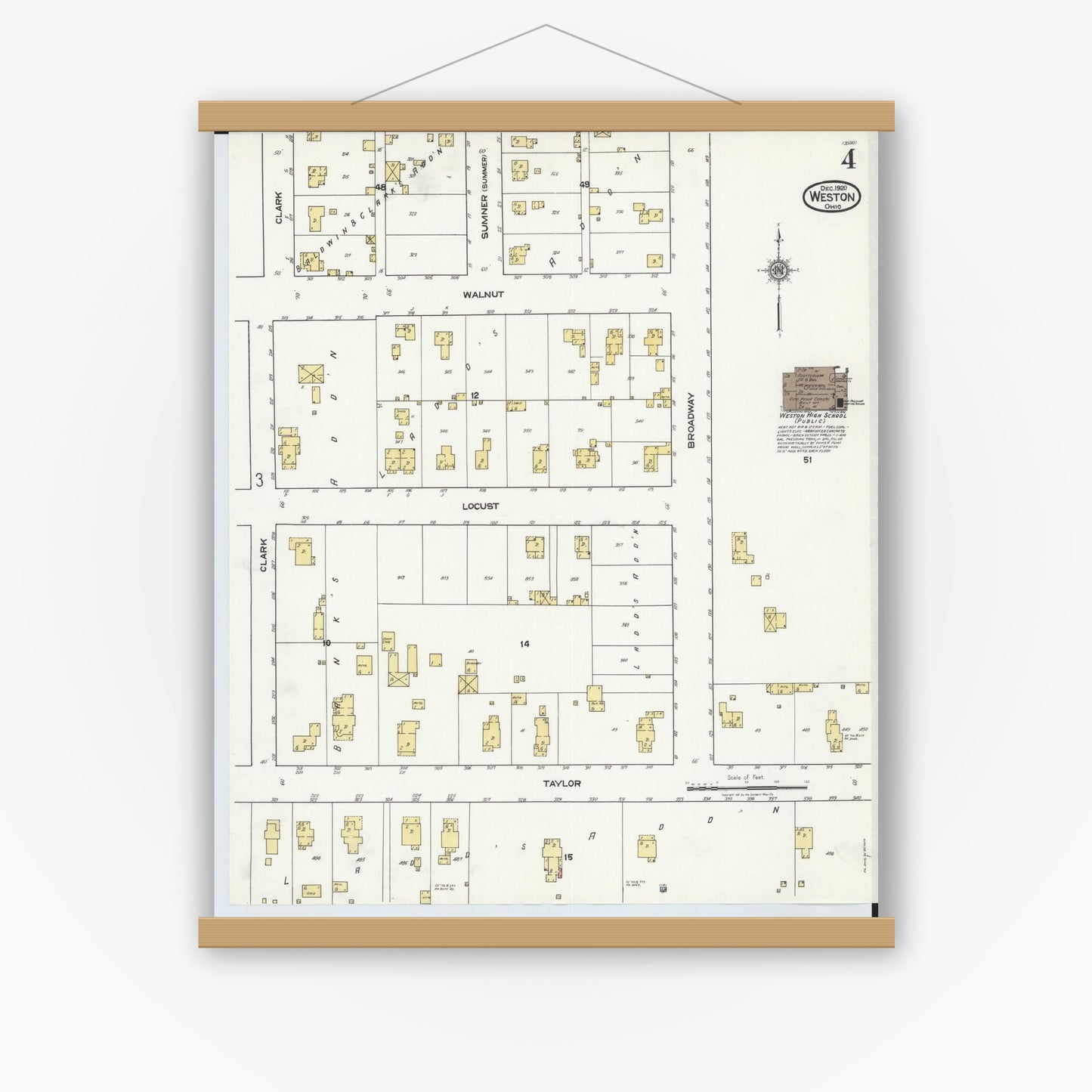 Old map wall art mockup — magnetic wood frame on white wall — Sanborn Fire Insurance Map from Weston, Wood County, Ohio (1920), Sheet #0004