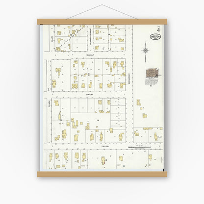 Old map wall art mockup — magnetic wood frame on white wall — Sanborn Fire Insurance Map from Weston, Wood County, Ohio (1920), Sheet #0004