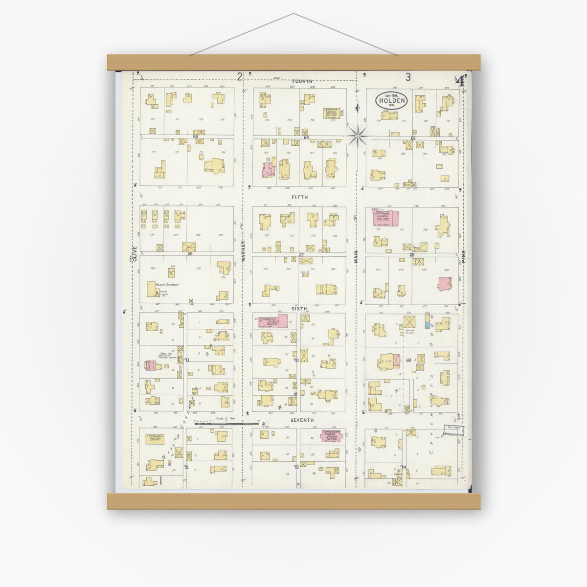 Old map wall art mockup — magnetic wood frame on white wall — Sanborn Fire Insurance Map from Holden, Johnson County, Missouri (1898), Sheet #0004