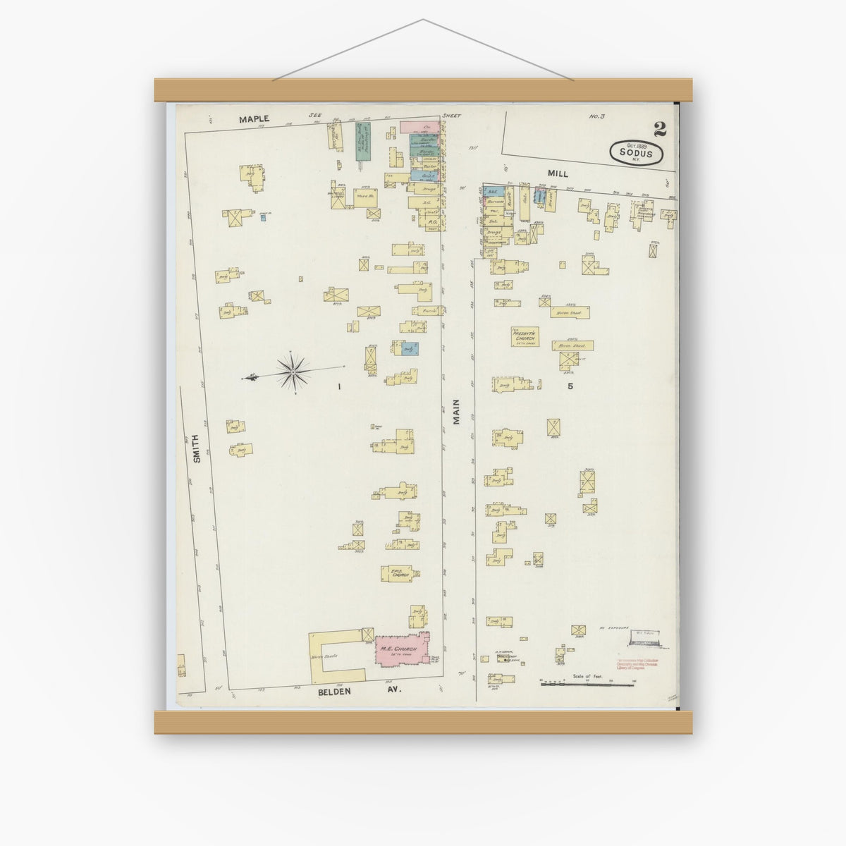 Old map wall art mockup — magnetic wood frame on white wall — Sanborn Fire Insurance Map from Sodus, Wayne County, New York (1889), Sheet #0002