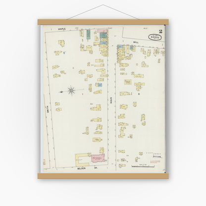 Old map wall art mockup — magnetic wood frame on white wall — Sanborn Fire Insurance Map from Sodus, Wayne County, New York (1889), Sheet #0002