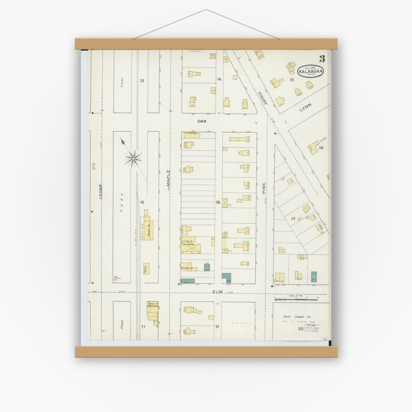 Old map wall art mockup — magnetic wood frame on white wall — Sanborn Fire Insurance Map from Kalkaska, Kalkaska County, Michigan (1893), Sheet #0003