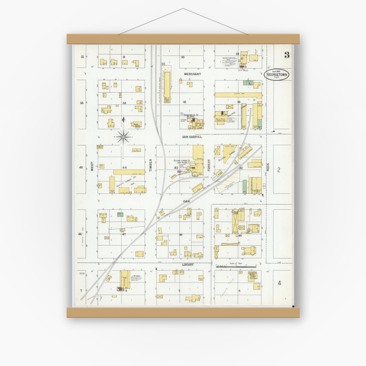 Old map wall art mockup — magnetic wood frame on white wall — Sanborn Fire Insurance Map from Georgetown, Williamson County, Texas (1900), Sheet #0003