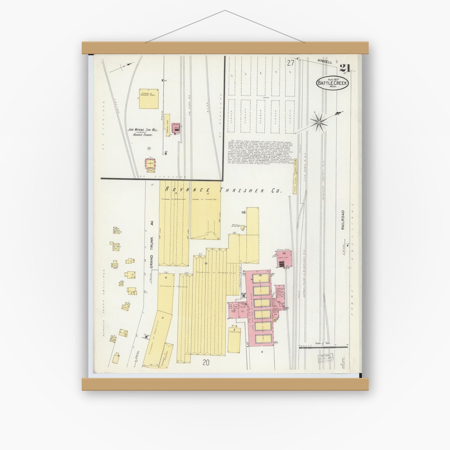 Old map wall art mockup — magnetic wood frame on white wall — Sanborn Fire Insurance Map from Battle Creek, Calhoun County, Michigan (1907), Sheet #0021