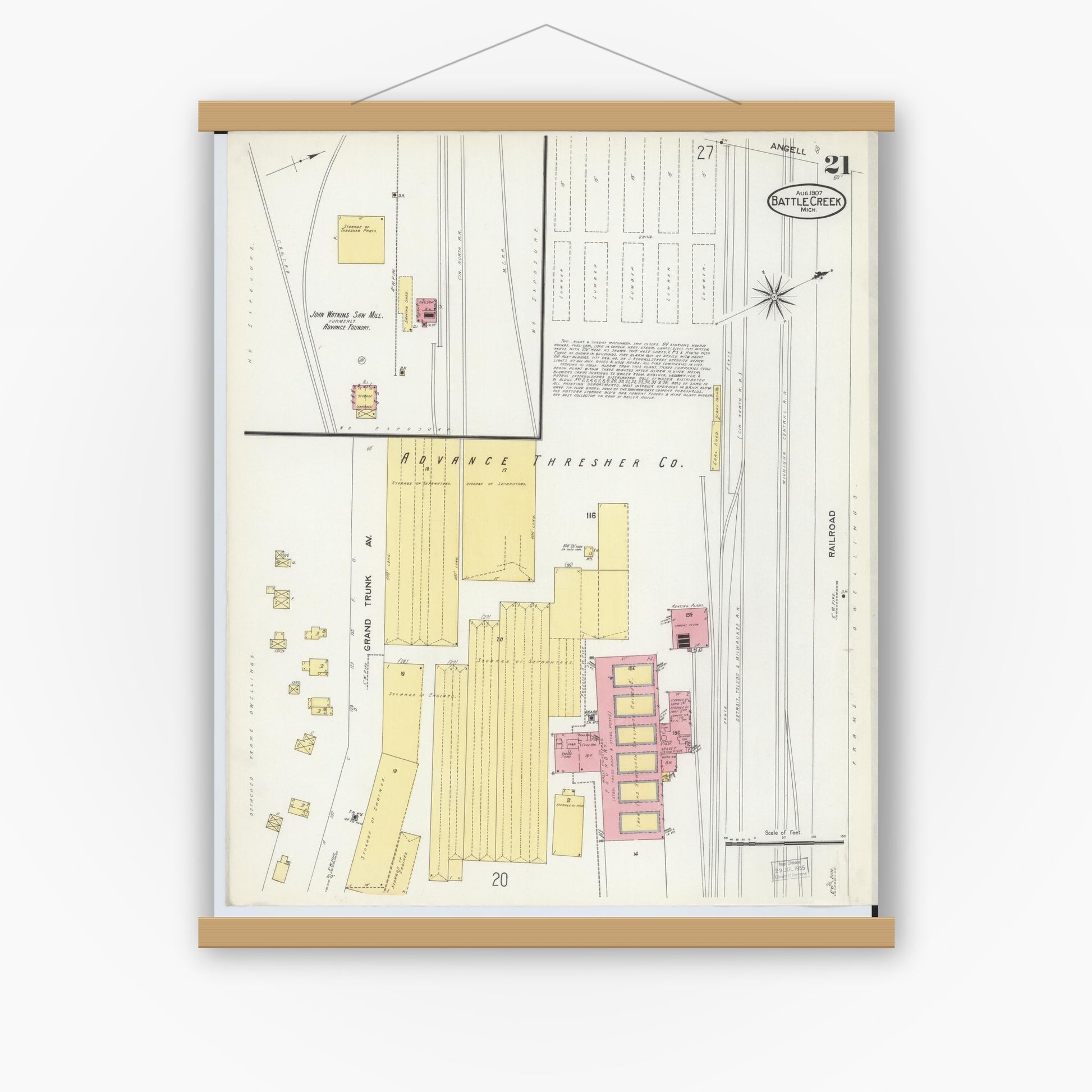 Old map wall art mockup — magnetic wood frame on white wall — Sanborn Fire Insurance Map from Battle Creek, Calhoun County, Michigan (1907), Sheet #0021