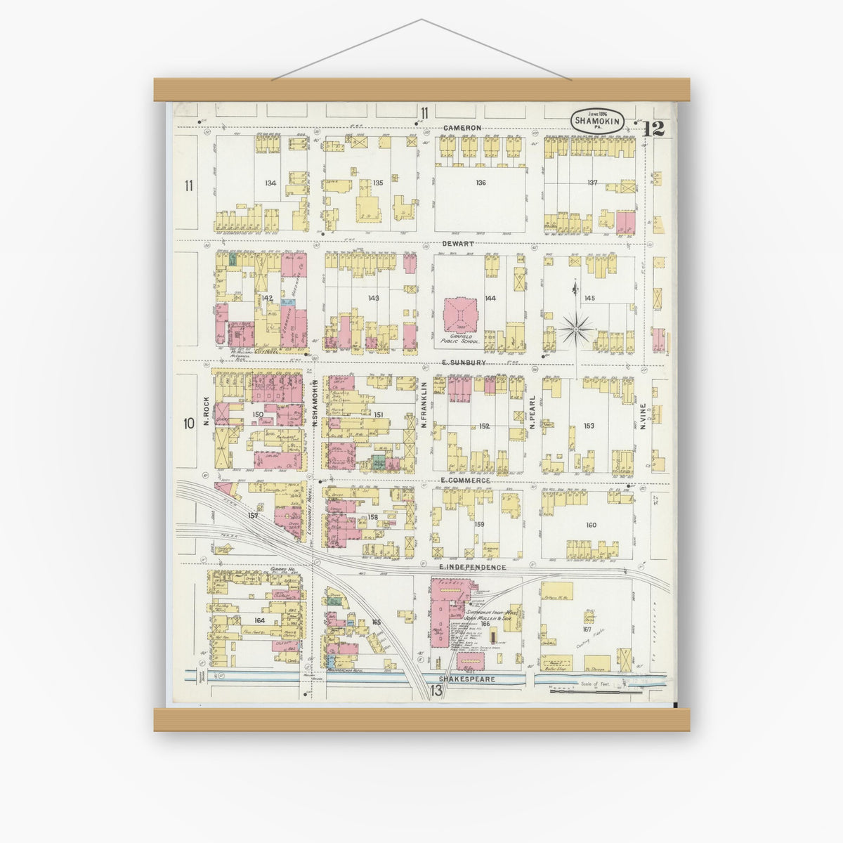 Old map wall art mockup — magnetic wood frame on white wall — Sanborn Fire Insurance Map from Shamokin, Northumberland County, Pennsylvania (1896), Sheet #0012