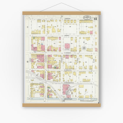 Old map wall art mockup — magnetic wood frame on white wall — Sanborn Fire Insurance Map from Shamokin, Northumberland County, Pennsylvania (1896), Sheet #0012
