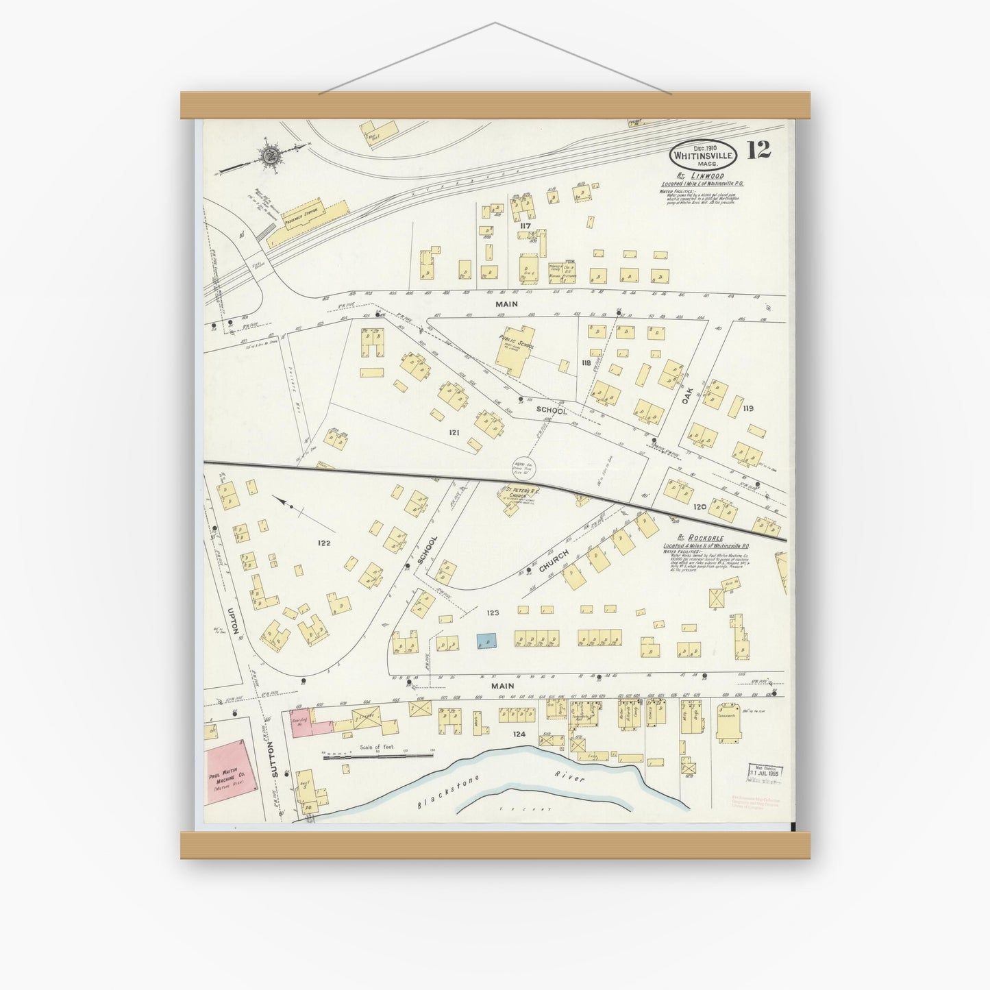 Old map wall art mockup — magnetic wood frame on white wall — Sanborn Fire Insurance Map from Whitinsville, Worcester County, Massachusetts (1910), Sheet #0012