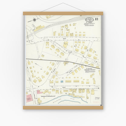 Old map wall art mockup — magnetic wood frame on white wall — Sanborn Fire Insurance Map from Whitinsville, Worcester County, Massachusetts (1910), Sheet #0012