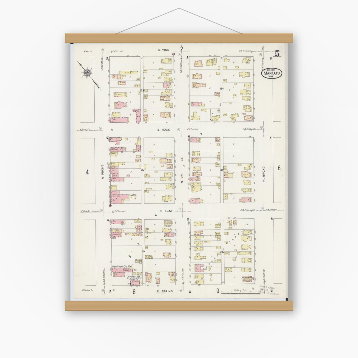 Old map wall art mockup — magnetic wood frame on white wall — Sanborn Fire Insurance Map from Mankato, Blue Earth County, Minnesota (1914), Sheet #0005