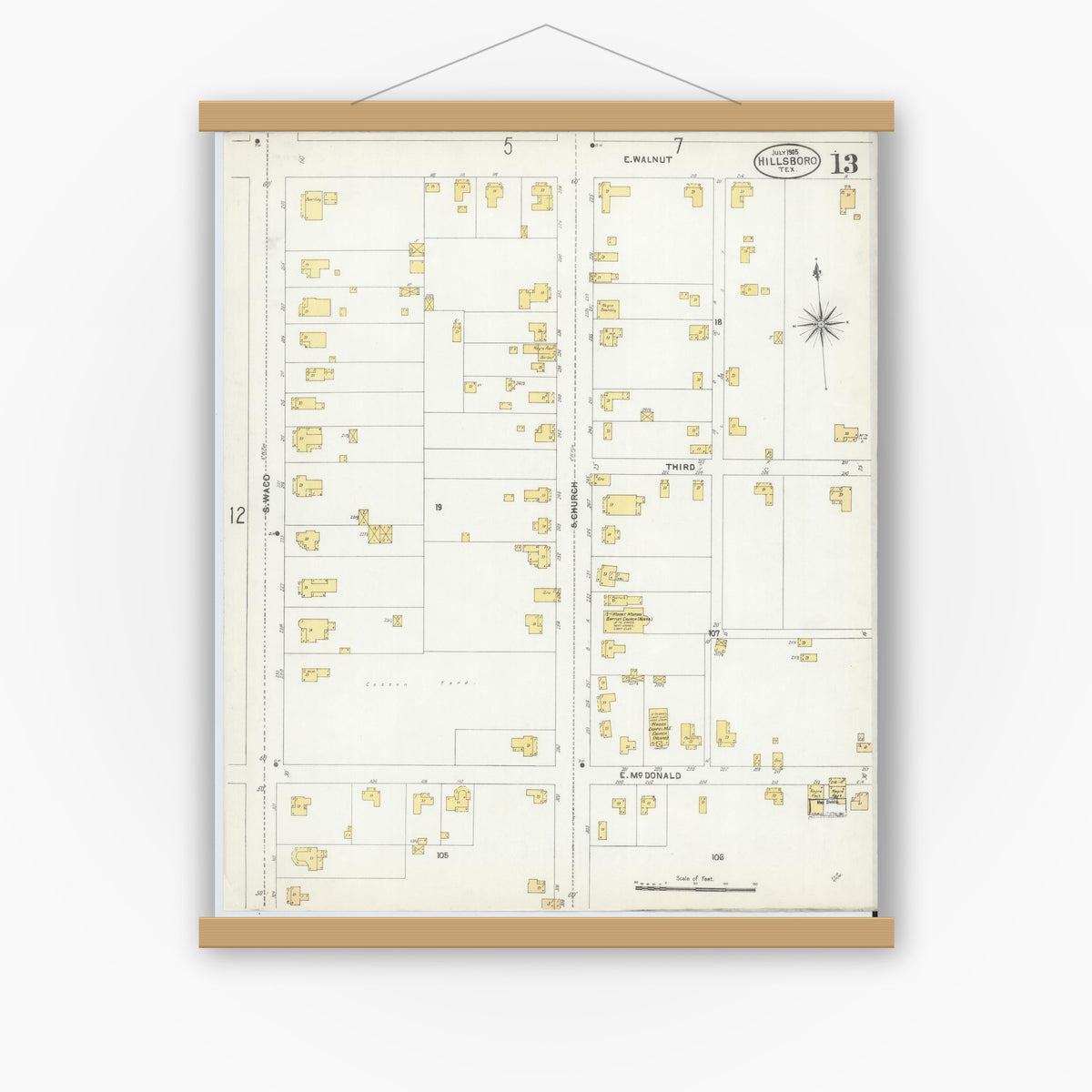 Old map wall art mockup — magnetic wood frame on white wall — Sanborn Fire Insurance Map from Hillsboro, Hill County, Texas (1905), Sheet #0013