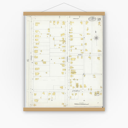 Old map wall art mockup — magnetic wood frame on white wall — Sanborn Fire Insurance Map from Hillsboro, Hill County, Texas (1905), Sheet #0013