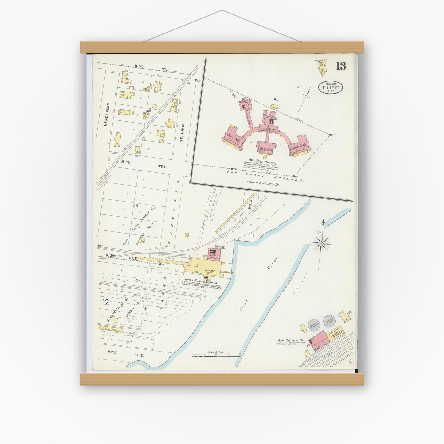 Old map wall art mockup — magnetic wood frame on white wall — Sanborn Fire Insurance Map from Flint, Genesee County, Michigan (1898), Sheet #0013