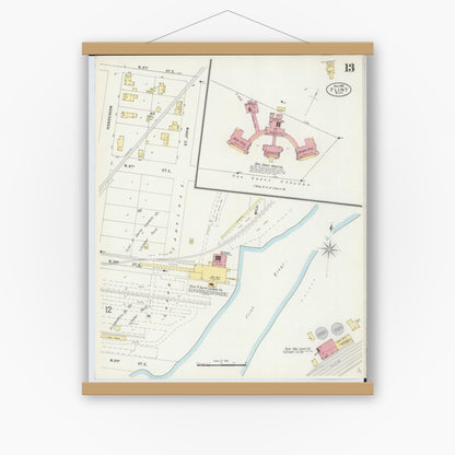Old map wall art mockup — magnetic wood frame on white wall — Sanborn Fire Insurance Map from Flint, Genesee County, Michigan (1898), Sheet #0013