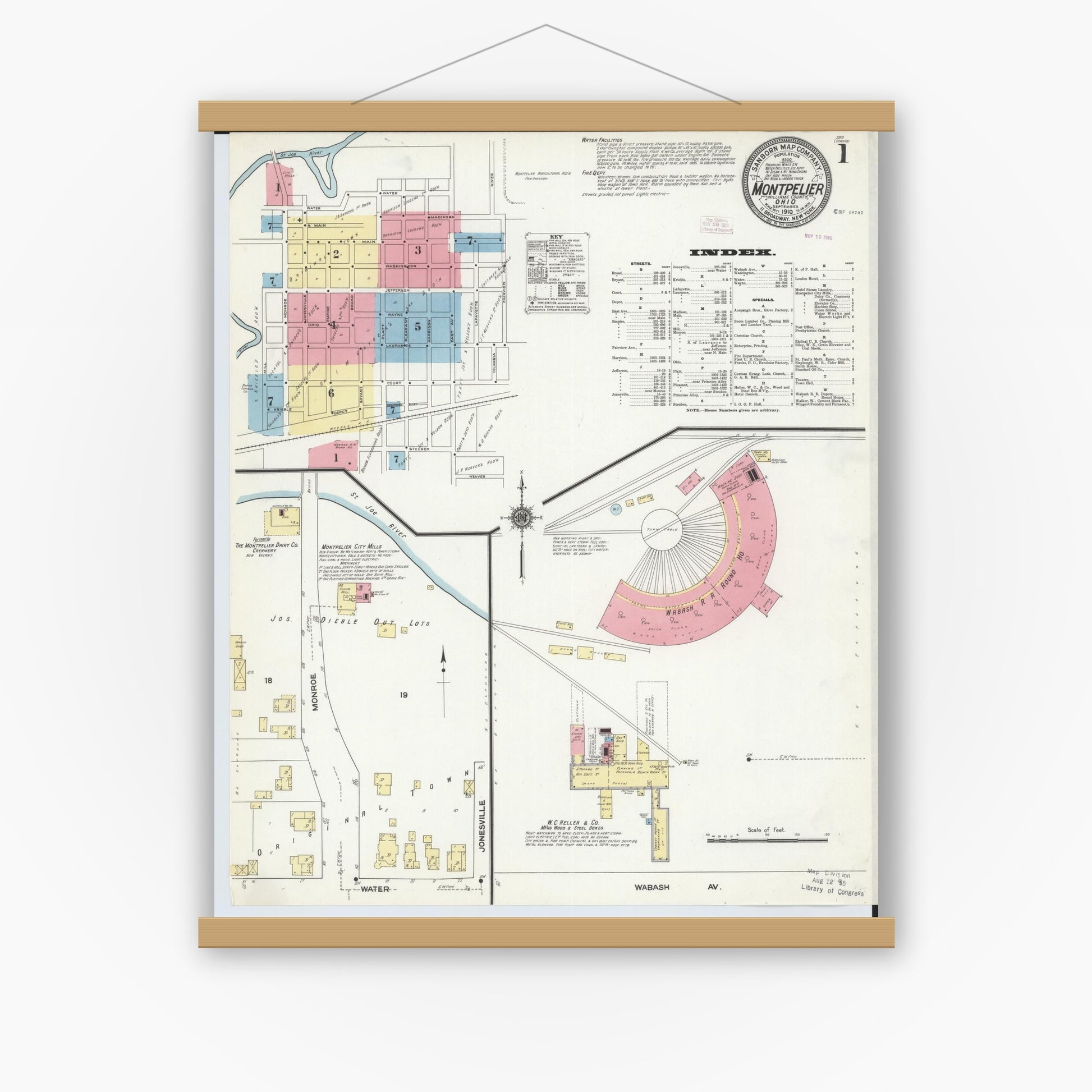 Old map wall art mockup — magnetic wood frame on white wall — Sanborn Fire Insurance Map from Montpelier, Williams County, Ohio (1910), Sheet #0001