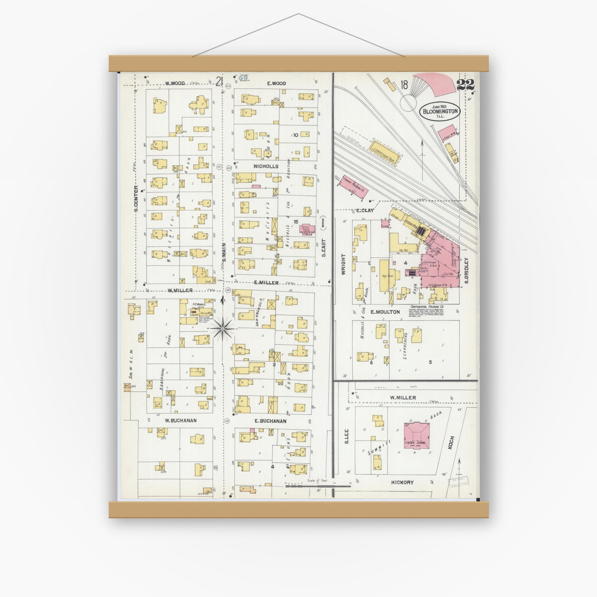 Old map wall art mockup — magnetic wood frame on white wall — Sanborn Fire Insurance Map from Bloomington, McLean County, Illinois (1901), Sheet #0022