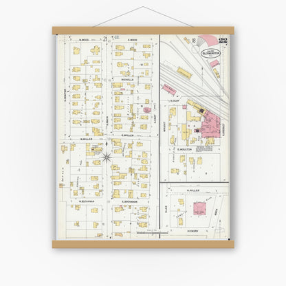 Old map wall art mockup — magnetic wood frame on white wall — Sanborn Fire Insurance Map from Bloomington, McLean County, Illinois (1901), Sheet #0022